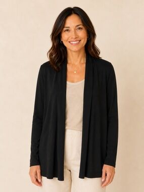 Eileen Fisher Silk Black Open Front Draped Cardigan Size L